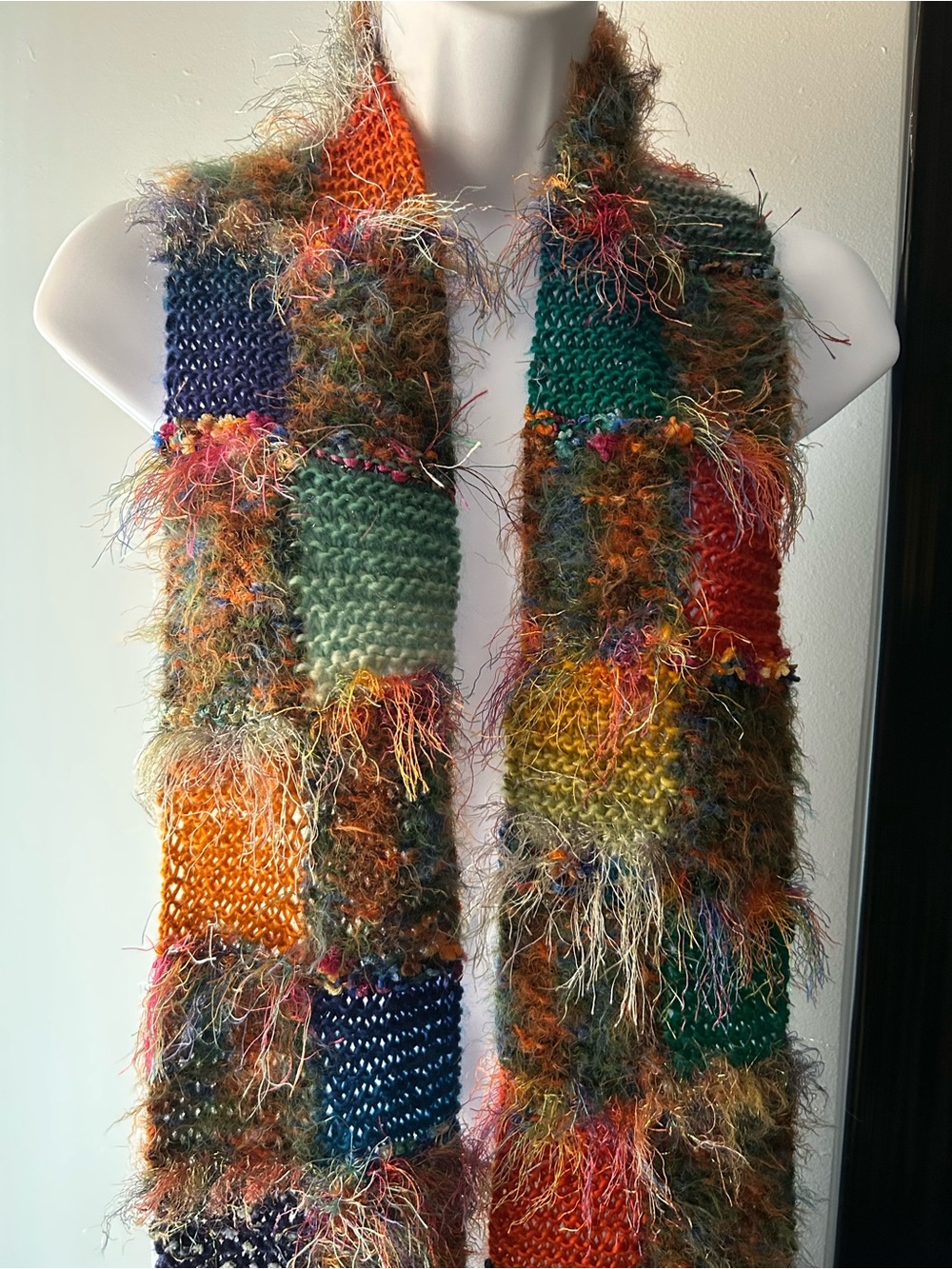 Multicolor Patchwork Eyelash Knit Scarf with Green Accents